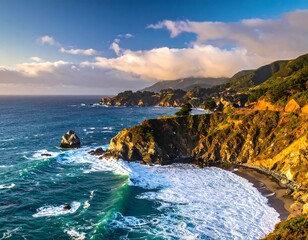A dramatic coastal scene showcases a rugged coastline with waves crashing against cliffs, bathed in the golden light of a beautiful sunset.