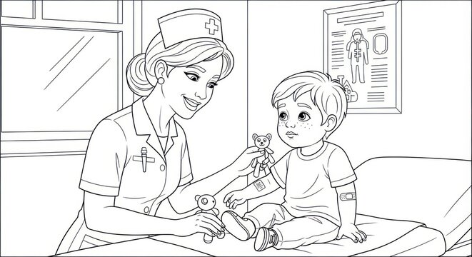 Nurse caring for child coloring book