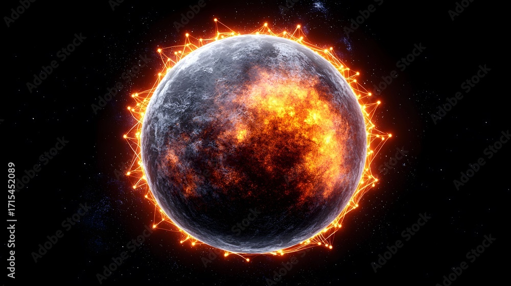 Poster an illustration shows a planet with a fiery core, surrounded by a network of glowing lines against a