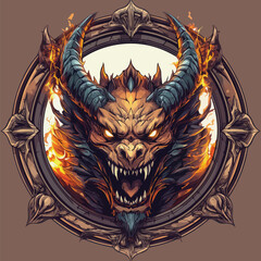  Red Armored Demon Head in Ornate Frame | Dark Fantasy Art Vector