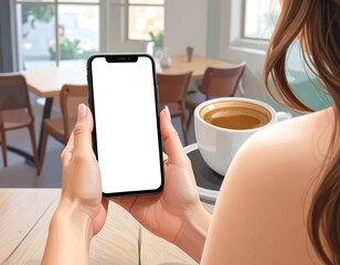 A woman's hands hold a smartphone with a blank screen, seated at a cafe table, enjoying a cup of coffee.  A relaxed and calm ambiance permeates the scene, as light streams in through the windows.