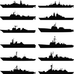 Navy warship silhouettes, military ships, naval destroyers, battleships, sea defense icons, marine vessels, black ship outlines, war fleet illustration © Akaza