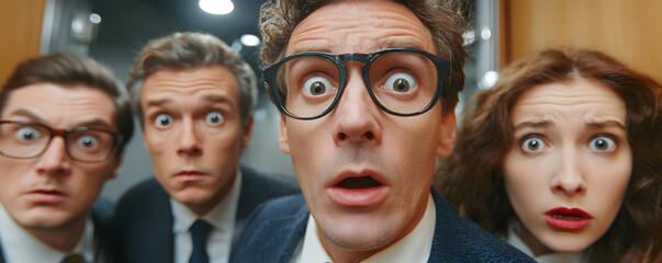 A funny photo of a group of business people in a office team looking at the camera with confused and surprised mood with big ball eyes and open mouth