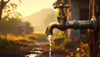 Rustic water tap dripping in golden hour, rural setting