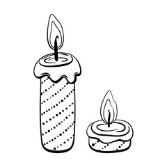 Two festive candles with glowing flames in black and white line art style, perfect for coloring pages, New Year celebrations and holiday themed projects. 