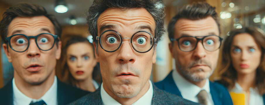 A funny photo of a group of business people in a office team looking at the camera with confused and surprised mood with big ball eyes and open mouth