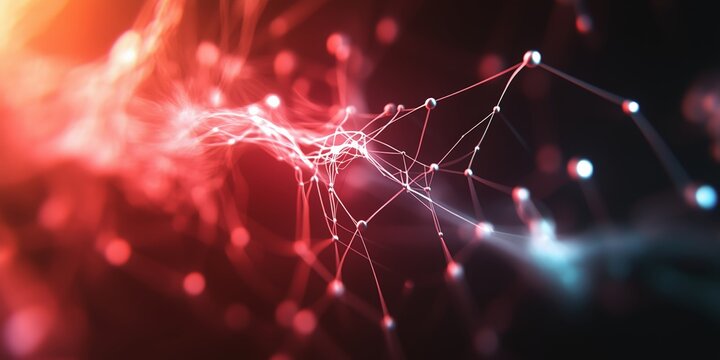 Abstract neural network in glowing red and blue, futuristic digital aesthetic, reminiscent of cyberpunk style. Posters, web design, tech visuals, digital art. - Powered by Adobe