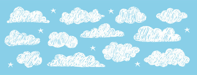 White pencil clouds on blue. Kids crayon sketch collection. Naive hand drawn childish illustrations for school projects. Grunge image. Vector bundle.