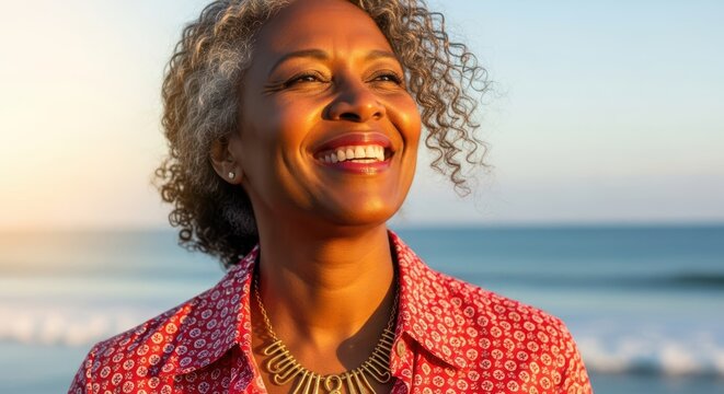 Joyful african american woman with graying hair smiling brightly at the beach