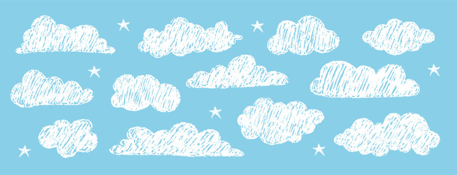 White pencil clouds on blue. Kids crayon sketch collection. Naive hand drawn childish illustrations for school projects. Grunge image. Vector bundle.