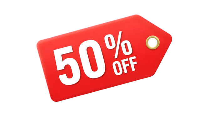 Limited time offer! Grab 50 percent off with this bright red sale tag, shop now and save todayisolated on transparent background