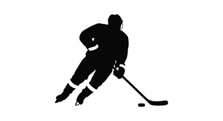 Obraz premium Silhouette of a hockey player in action with puck and stick