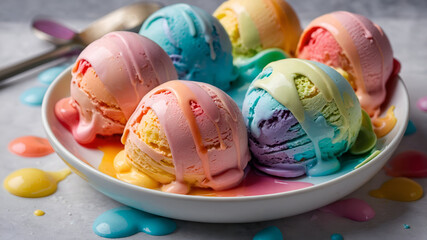 Colorful ice cream scoops on plate kitchen table food photography bright environment close-up view summer treats