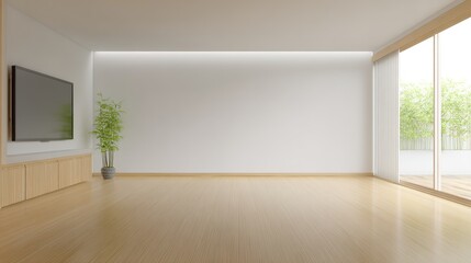 Obraz premium residential. Minimalist living room featuring white walls and wooden floors, bathed in natural ambient light for a clean aesthetic. real-estate listings.