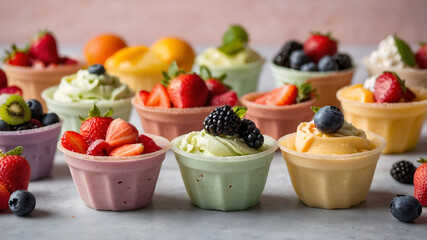 Colorful fruit cups kitchen table food photography bright close-up summer freshness