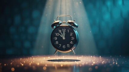 Timeless Moment: An alarm clock, suspended in mid-air under a dramatic spotlight, against a backdrop of twinkling lights, symbolizes the passing of time and urgency.