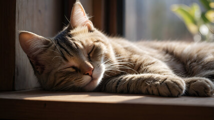 Relaxing cat sunbathing on window sill cozy home animal photography indoor setting close-up tranquility