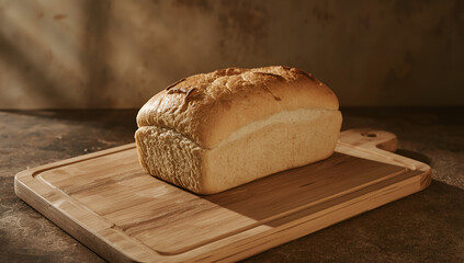 Freshly baked bread loaf on wooden cutting board kitchen food photography warm lighting rustic setting