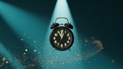 Time's Illuminated Stage: A classic alarm clock, illuminated by a spotlight, marking the passage of moments and the importance of punctuality. Surrounded by ethereal glimmers of light.