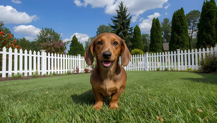 Happy dachshund playing in lush backyard sunny day pet photography family home close-up view joyful moments