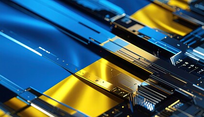 Digital artwork featuring a layered technological structure overlapping a flowing, vibrant blue and yellow fabric