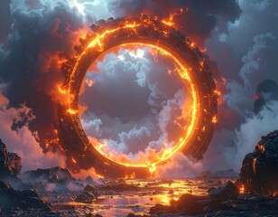 A massive, fiery ring-shaped structure dominates the alien landscape, casting an ethereal glow on the surrounding volcanic terrain.