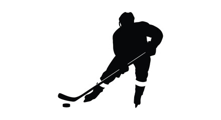 Fototapeta premium Silhouette of a hockey player in action with puck and stick