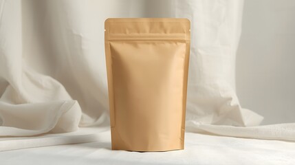 Minimal mockup of blank brown kraft paper pouch standing on soft fabric draped background, eco friendly packaging design template for branding, product presentation and natural concept style