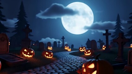 Halloween night graveyard scene with pumpkins glowing by a cobblestone path beneath a full moon. Perfect for Halloween events, horror content, holiday marketing.
