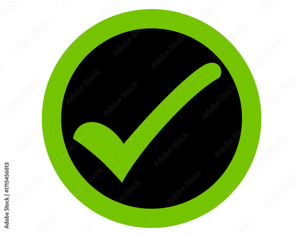 Poster green check mark inside a black circle with a green border on a transparent background
