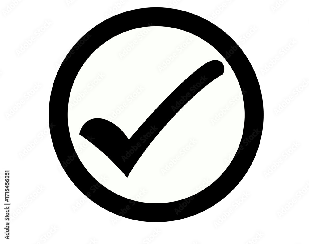 Poster black check mark inside a white circle with a black border on a transparent background