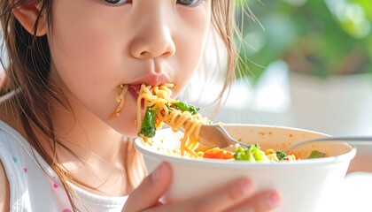 Close-up of a young child happily eating noodles, showcasing a close-up view of the food and the child's expression.