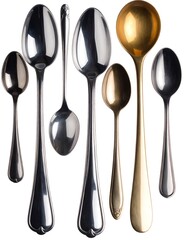 Polished metal spoons of various tones, arranged in a vertical, symmetrical pattern against a simple white background.