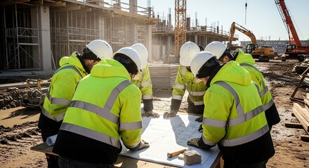 Construction Workers Reviewing Blueprint, Teamwork on Construction Site, Building Project Planning