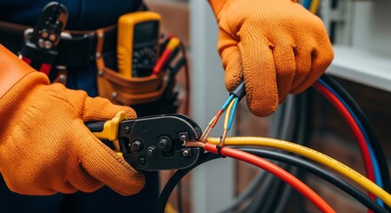 Electrician using crimping tool, close-up of hands with orange gloves, working with electrical wires and cables.