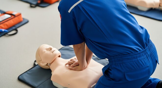 CPR Training, First Aid Instructor Performing Chest Compressions on Dummy, Medical Emergency Simulation