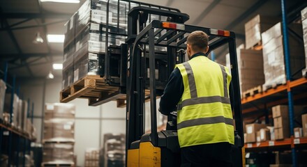 Warehouse worker operating forklift, moving pallet with boxes, logistics and transportation concept