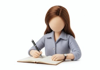 Obraz premium A handmade doll of a woman writing in a notebook with a pen.