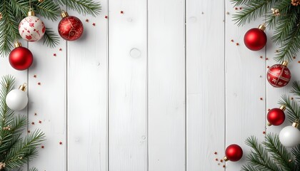 Christmas Corner Border Banner with Red and White Ornaments on White Wood Background