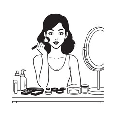 Black and white line art of a beautiful woman doing makeup at dressing table with mirror illustration
