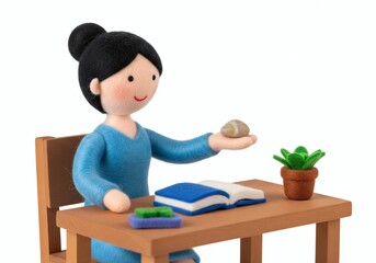 A handmade doll sitting at a desk with a book and a plant, holding a small rock.