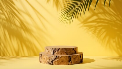 Wooden Cut Podium on Yellow Background with Palm Shadows for Cosmetic Presentation