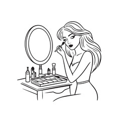 Black and white line art of a beautiful woman doing makeup at dressing table with mirror illustration