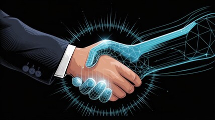 Digital Alliance: A symbolic representation of a partnership in the digital age, where a handshake merges with a technological interface. Reflecting innovation, collaboration.