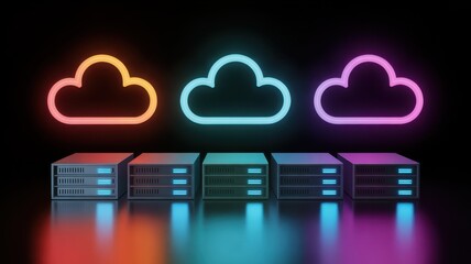 Cloud Data Hub: A futuristic digital artwork depicts a vibrant cloud data hub, symbolizing the storage and processing of information within a network. The design features illuminated cloud icons.