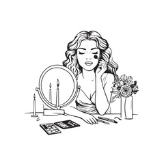 Black and white line art of a beautiful woman doing makeup at dressing table with mirror illustration