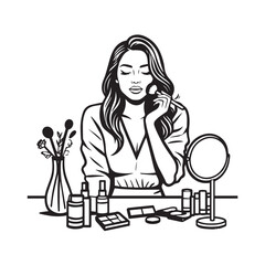 Black and white line art of a beautiful woman doing makeup at dressing table with mirror illustration