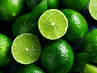 Fresh green limes and lime slices background for healthy food and drinks concept