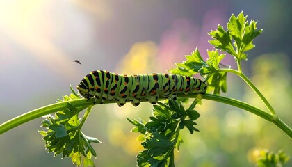A vibrant caterpillar, adorned with striking black and orange stripes, gracefully navigates a parsley stem bathed in morning light.