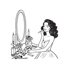 Black and white line art of a beautiful woman doing makeup at dressing table with mirror illustration